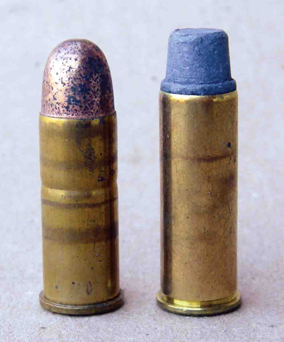 The .44 Magnum (right) was based on a lengthened .44 Special case (left), but contained a 240-grain SWC with gas check pushed to an advertised 1,570 fps.